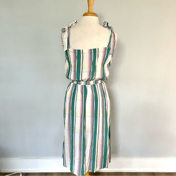 H&M Cream Pastel Purple Green Plaid Stripes MIDI Dress Size 12 - Picture 3 of 11